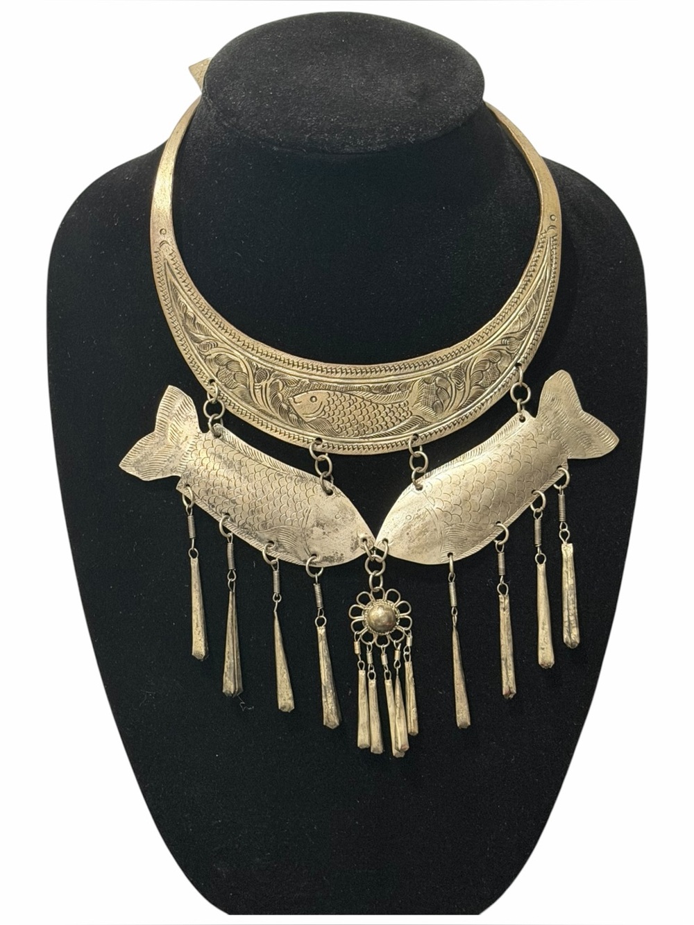 Vintage Hmong Miao Tribal Boho Style Collar Necklace Ceremonial Fish Design